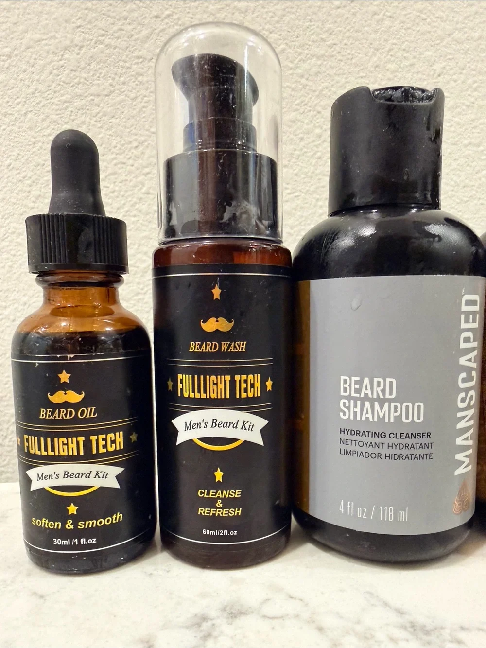 Manscaped and Fulllight Tech set of 6 Beard Shampoo, Conditioner, Balm, and Oil